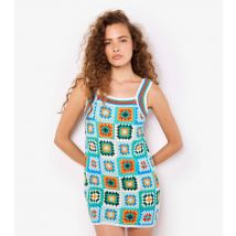 Women's Blue Square Pattern Crochet Mini Dress Apricot New Look