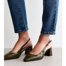 Women's Dark Green Faux Leather Slingback Pointed Toe Pumps Vegan New Look