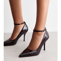 Women's Dark Brown Patent Faux Leather Ankle Strap Court Shoes Vegan New Look