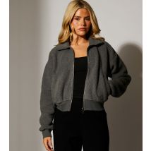 Women's Grey Fleece Back Borg Zip Front Crop Jacket South Beach New Look