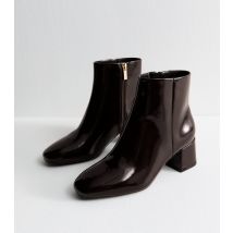 Women's Wide Fit Dark Burgundy Faux Patent Leather Block Heel Boots Vegan New Look
