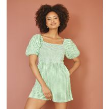 Women's Blue Gingham Print Shirred Playsuit Yumi New Look