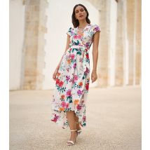Women's White Floral Print Wrap Front Belted Midi Dress Yumi New Look