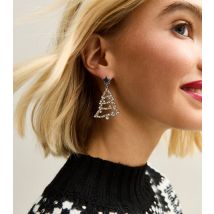 Silver Tone Diamante Embellished Christmas Tree Earrings New Look