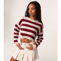 Women's Burgundy Striped Distressed Cropped Jumper Pink Vanilla New Look