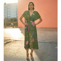 Women's Green Bird Floral Print Wrap Style Midi Dress Yumi New Look