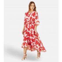 Women's Red Floral Print Wrap Style Midi Dress Yumi New Look