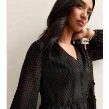 Women's Petite Black Embroidered Pattern V-Neck Blouse New Look