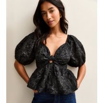 Women's Petite Black Jacquard Twisted Front Puff Sleeve Top New Look
