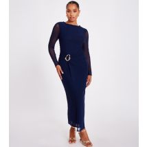 Women's Petite Navy Mesh Sleeve Buckle Detail Midaxi Dress Quiz New Look