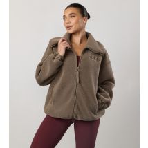 Women's Light Brown Borg Full Zip Funnel Neck Jumper Gym King New Look