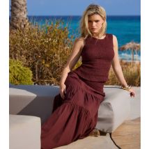 Women's Dark Brown Shirred Sleeveless Top South Beach New Look