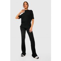 Ensemble Tunique Tricotée Côtelée Et Pantalon À Jambes Larges - Noir - L, Noir