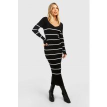 Robe Tricotée Mi-Longue À Manches Longues À Rayures - Noir - S/M, Noir