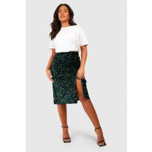 Jupe Midi En Velours À Paillettes, Froncée Et Fendue - Vert Sapin - 50, Vert Sapin