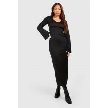 Robe Mi-Maxi Tricotée Légère Pour Grandes Tailles À Encolure En V Et Manches Évasées - Noir - 36, Noir