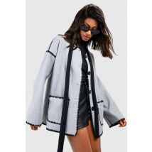 Contrast Blanket Stitch Wool Look Jacket - Gris Perle - 40, Gris Perle