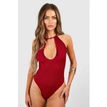 Maillot De Bain Plongeant À Encolure Bustier Froissée - Rouge Bordeaux - 38, Rouge Bordeaux