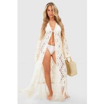 Crochet Frange Ourlet Kimono De Plage - Blanc Cassé - L, Blanc Cassé