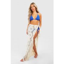Crochet Tassel Hem Wrap Beach Midaxi Skirt - Blanc Cassé - S, Blanc Cassé