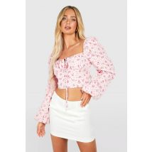 Corset Floral À Lacets Et Manches Ballon - Rose - 34, Rose