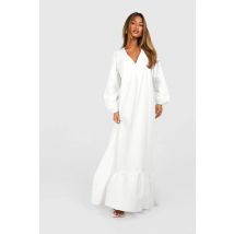 Robe Maxi Trapèze À Manches Blouson En Popeline - Blanc - 36, Blanc