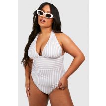Maillot De Bain Grande Taille À Décolleté Plongeant, Rayé Et Sculptant - Gris Pierre - 56, Gris Pierre
