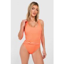 Maillot De Bain Échancré À Ceinture En Tissu Froissé - Orange Fluo - 34, Orange Fluo