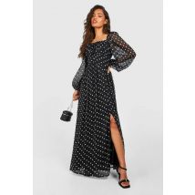 Robe Champêtre Mi-Longue En Mousseline De Soie À Pois - Noir - 42, Noir