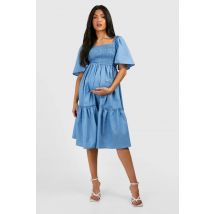 Robe De Grossesse Mi-Longue En Chambray Froncé - Bleu - 44, Bleu