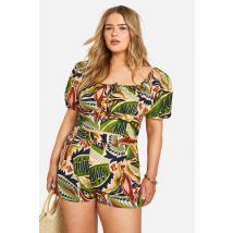"Plus" Crop Top Court En Lin, Look Paisley, Manches Bouffantes Et Effet Froncé - Vert - 56, Vert
