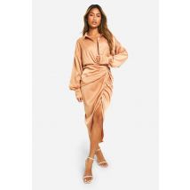 Robe Chemise Drapée En Satin - Jaune Or - 36, Jaune Or