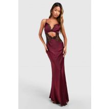 Robe Nuisette Maxi En Satin À Détails En Dentelle - Rouge Cerise - 46, Rouge Cerise