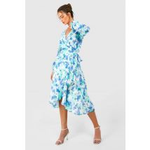 Robe Midi Portefeuille Fleurie À Ceinture - Bleu - 36, Bleu