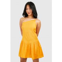 "Petite" Robe Mini Look Lin Avec Perles - Orange - 38, Orange