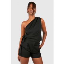 Linen Look Asymmetric Ruched Blouse - Noir - 42, Noir