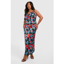Grande Taille - Robe Longue Satinée Fleurie - Noir - 50, Noir