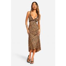 Robe Nuisette Mi-Longue En Motif Léopard À Col En V Et Garniture En Dentelle - Leopard - 44, Leopard