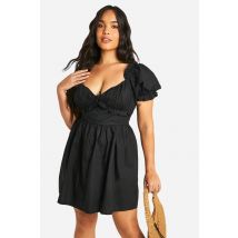 "Plus" Woven Milkmaid Button Down Skater Dress - Noir - 52, Noir