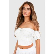 Corset Bardot En Bengaline À Petits Motifs Floraux - Blanc - 38, Blanc