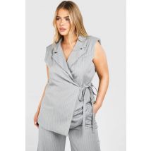 "Plus" Blazer Sans Manches Drapé À Rayures Tissées - Gris Clair - 46, Gris Clair