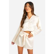 Ensemble Pyjama En Satin Nuptial Avec Détail Noué, Chemisier Court À Manches Longues Et Short - Blanc Cassé - 38, Blanc Cassé