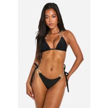 Diamante Gold Trim Bikini String Côté Noué - Noir - 38, Noir