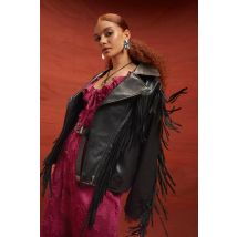 Veste De Motard En Synthétique Avec Détails Frange - Noir - 42, Noir