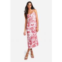 Robe Longue En Satin À Imprimé Porcelaine, Fines Bretelles, Mi-Longue Ajustée - Rouge - 42, Rouge