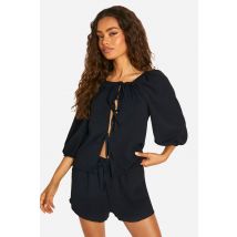 Blouse À Manches Volumineuses Avec Nœud À L'Avant Et Shorts Évasés - Noir - 34, Noir