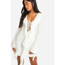 Broderie Frill Mini Dress - Blanc - 42, Blanc