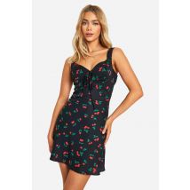 Robe Courte Satinée À Imprimé Cerise - Noir - 44, Noir