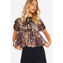 Blouse À Manches Bouffantes Léopard À Nœud Papillon Contrasté - Marron - 38, Marron
