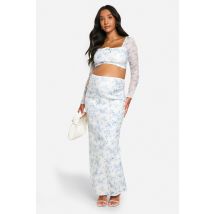 Ensemble De Maternité En Bengaline À Imprimé Porcelaine, Blouse À Nouer À L'Avant Et Jupe Maxi Coordonnée - Bleu Clair - 44, Bleu Clair